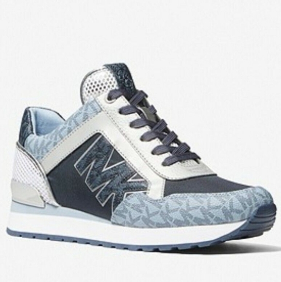 NWT Rare!💙 Michael Kors Trainers Blue Metallic Silver Leather Sneakers Trainers